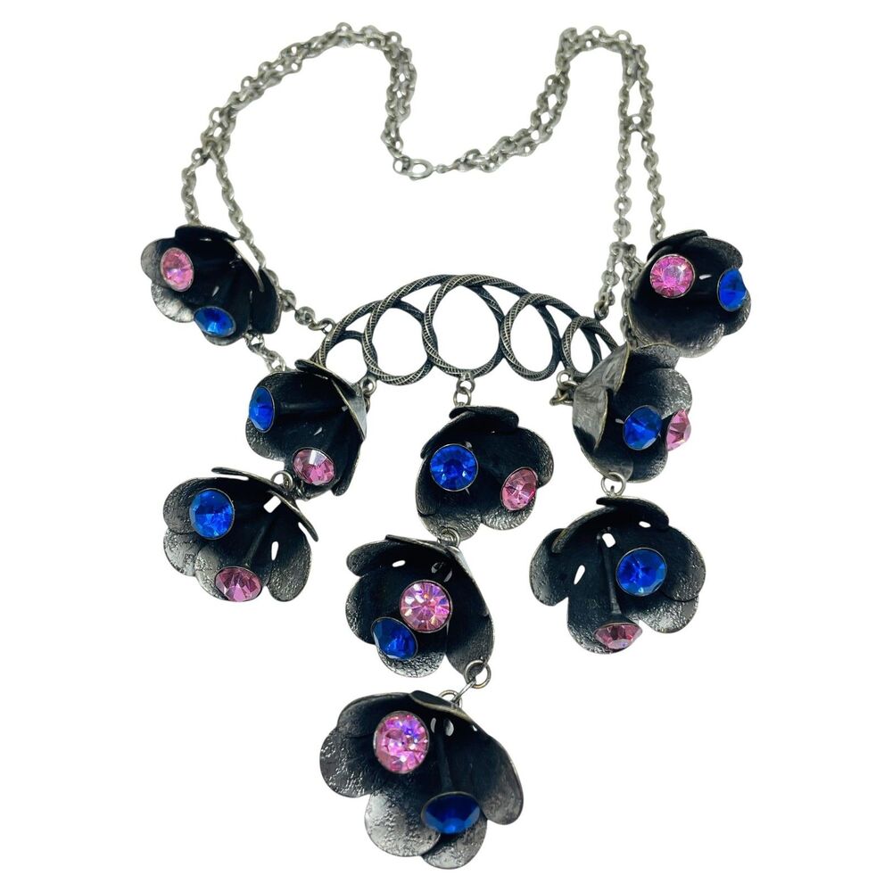 Vintage silver tone sapphire pink rhinestones flower bells designer necklace